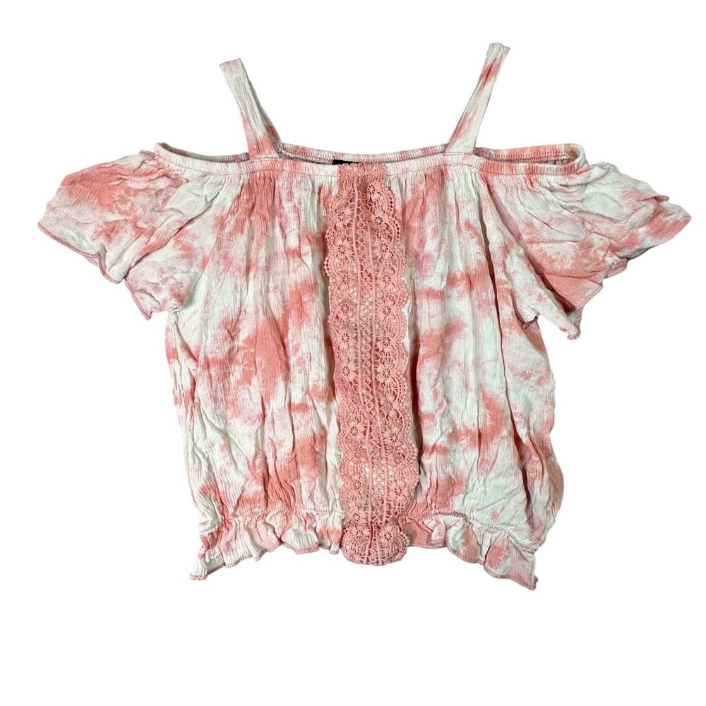 Amy Byer Girls Cold Shoulder Top Tie Dye Lace Boho Coquette Pink White L 14